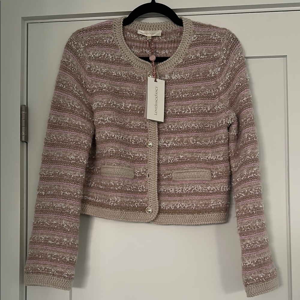 LoveShackFancy Pink and Cream Striped Knit Cardigan